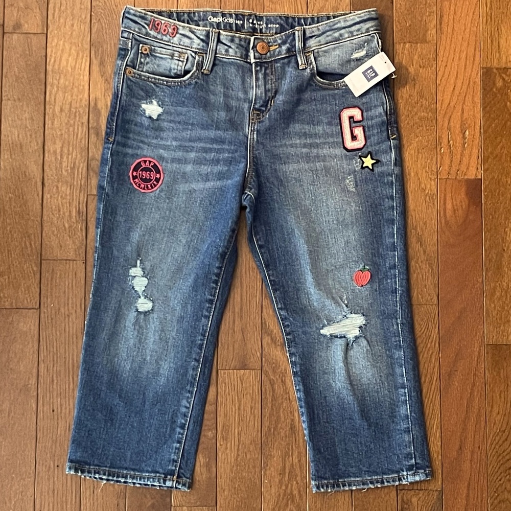 Gap Kids 1969 NWT Distressed w/ Patches Crop Jeans 8 Plus adjustable waist